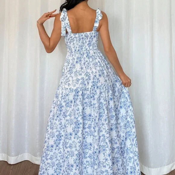 Blue And White Boho Floral Women's Elegant Long Dress - Picture 2 of 6